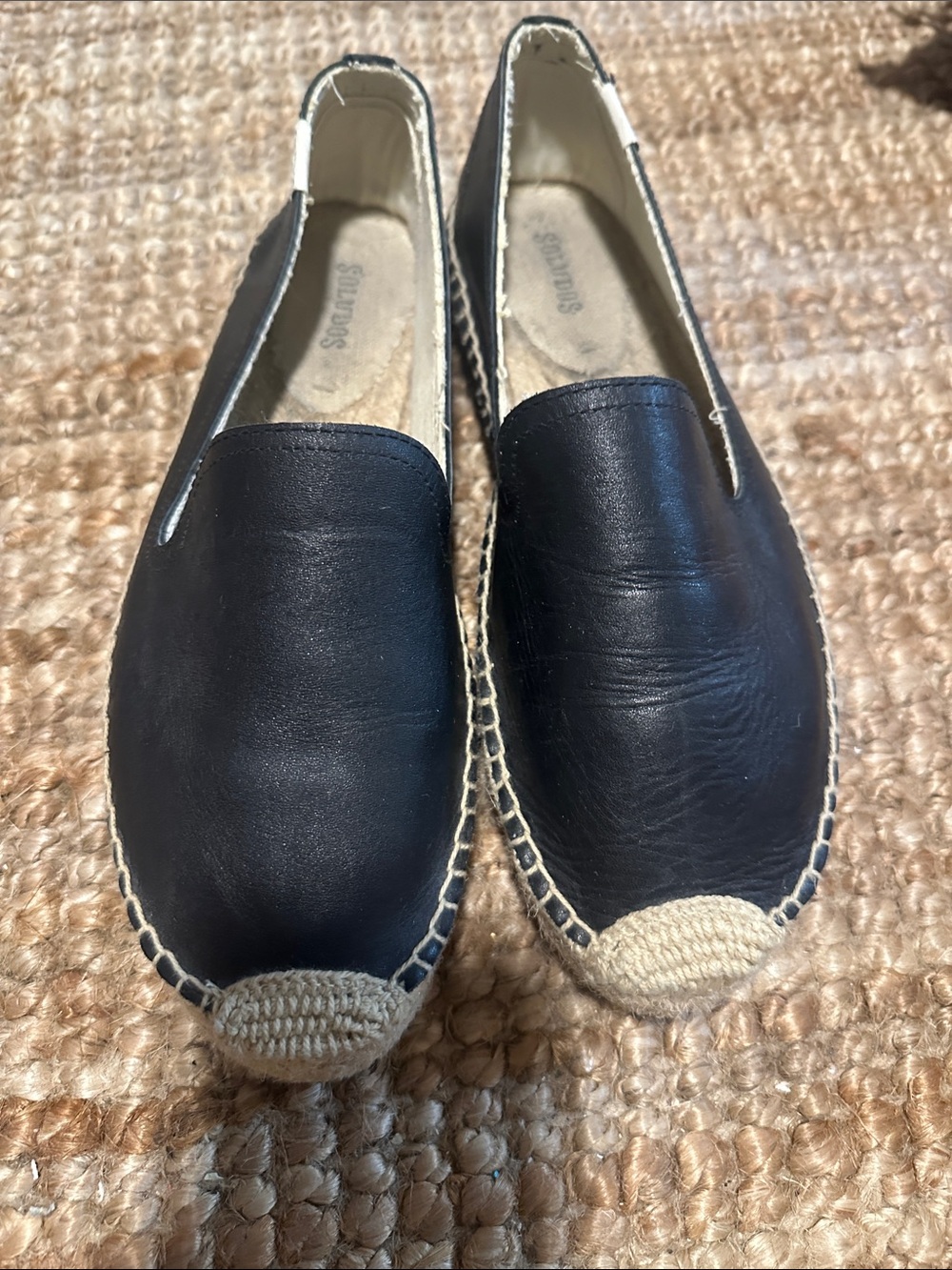 Soludos Black Leather Espadrille Slip-Ons with Jute Toe